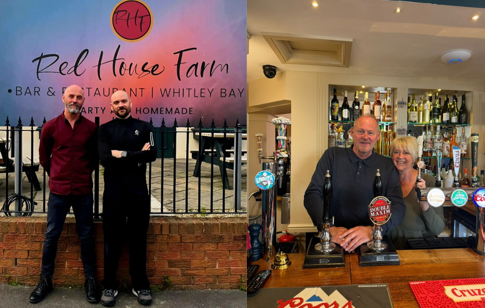 Red House Farm bar and restaurant Whitley Bay with pub owners pictured outside and another pubs owners inside behind bar area